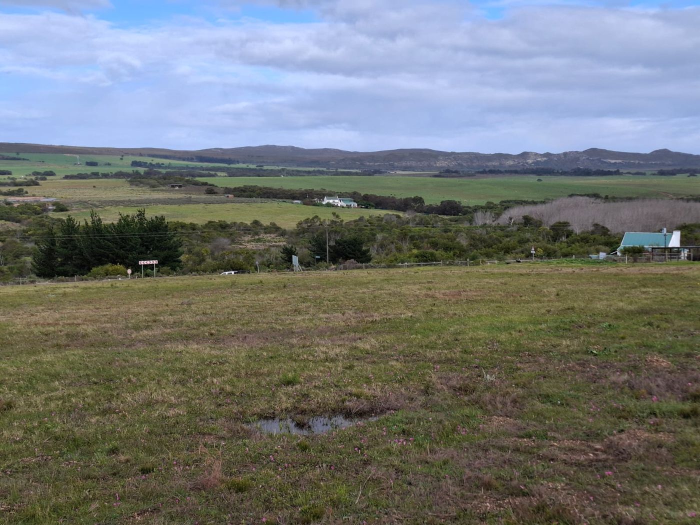 Offenes Gras, das zum Tal hin abfällt, dahinter Farmland und die Berge