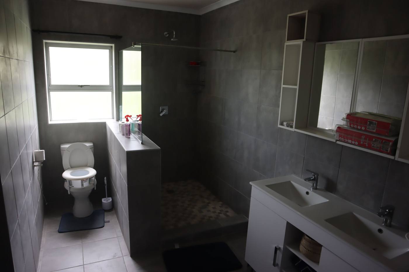 The other side of the main en-suite, with the shower, the toilet and the double vanity