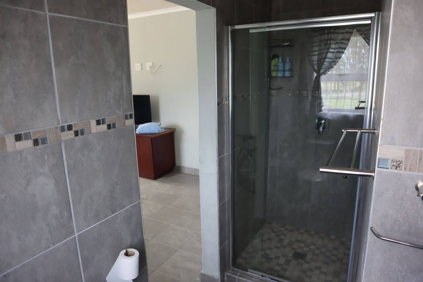 A glass-walled shower in one of the bathrooms