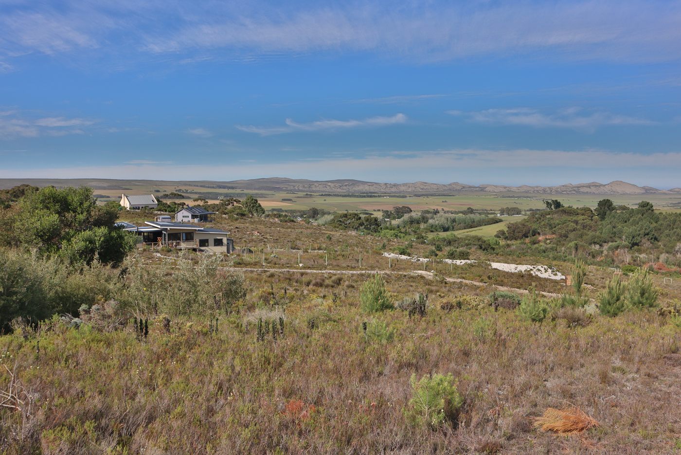 Farmland spread across the valley to the horizon, seen over the fynbos from high on the slope, with houses on the hillside to the left