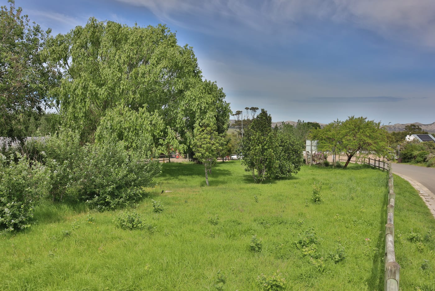 The stand under green grass and trees in full leaf, with the pole fence along the road