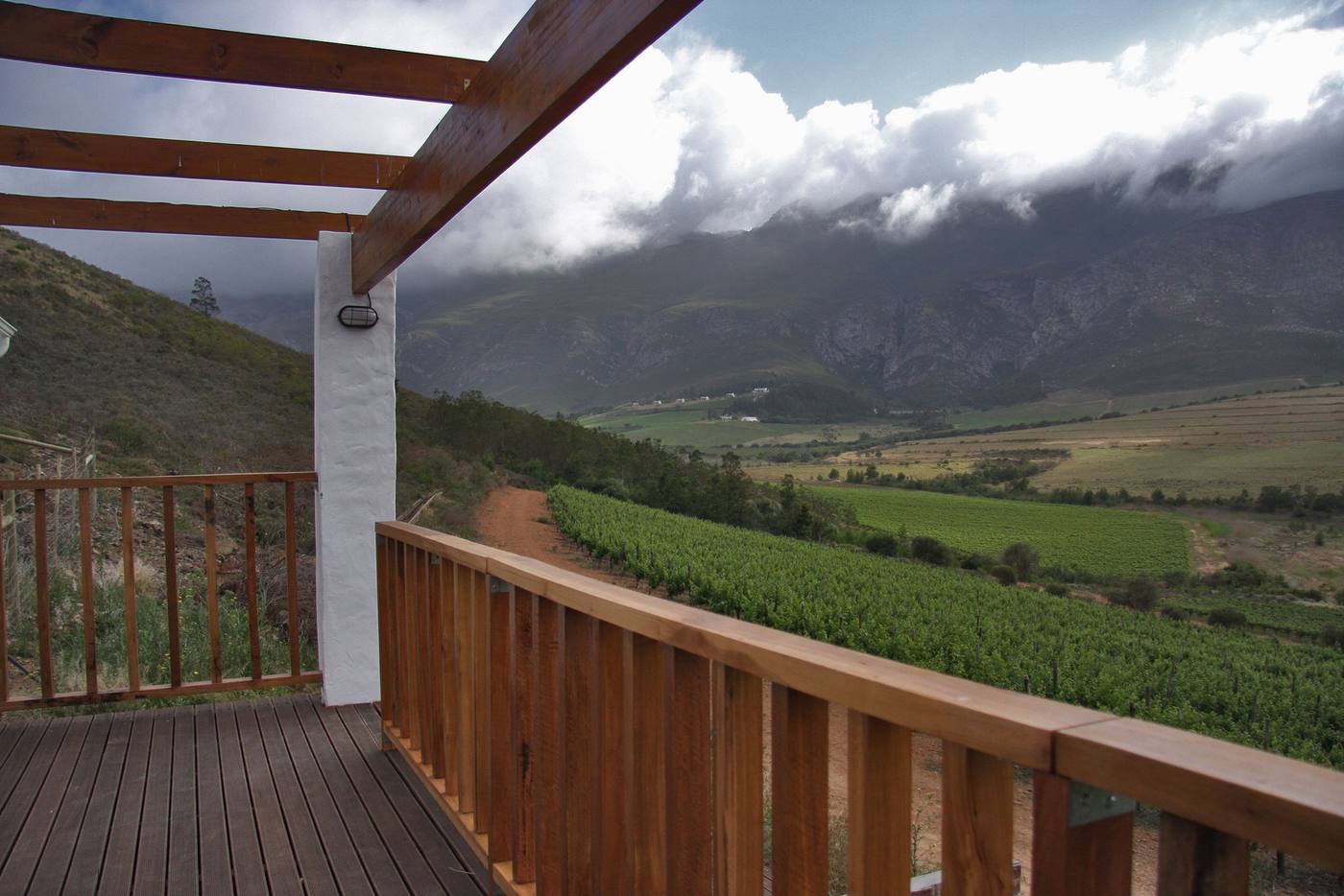 From the deck: vineyards on the valley floor and cloud on the Langeberg