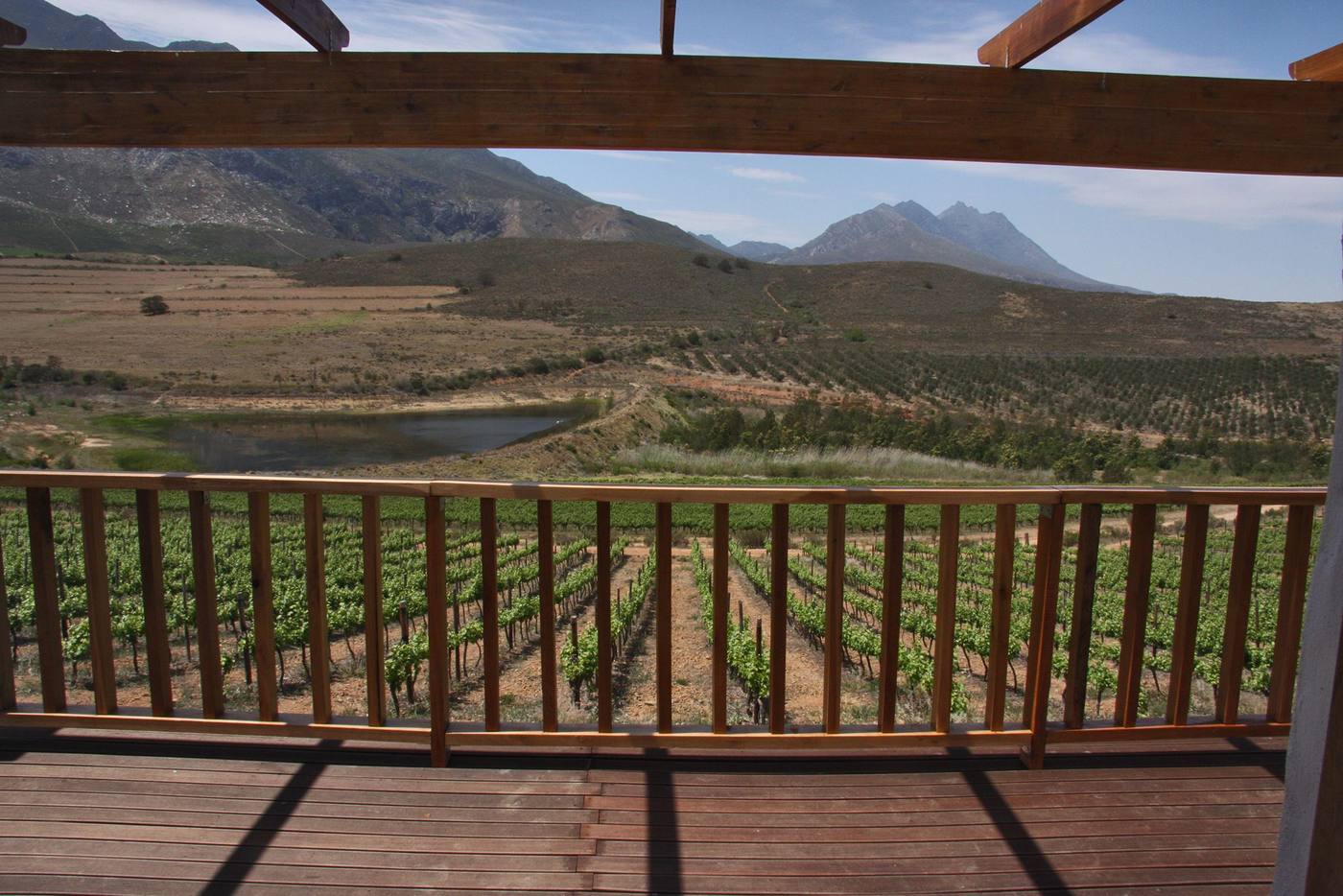 Looking over the deck railing to the vineyards and the hills beyond