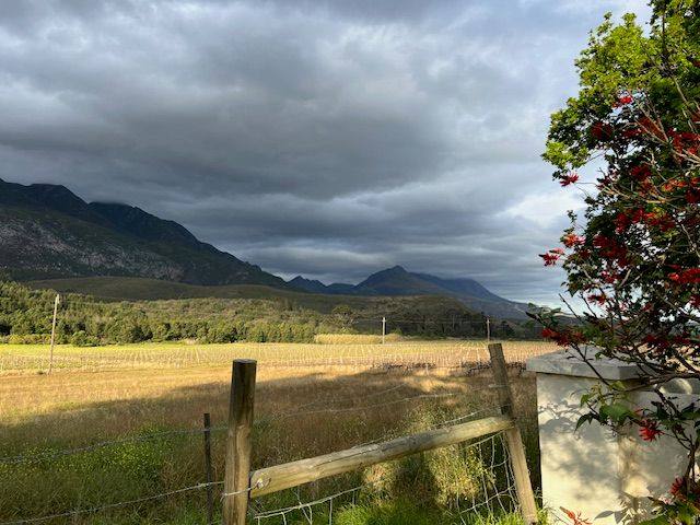 A wooden fence and the vineyards, with the mountains under a stormy sky