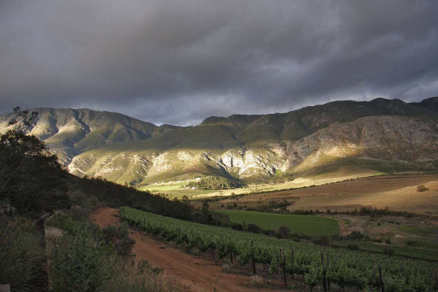 The Langeberg under a dark sky, with vineyards and a farm road in the valley below