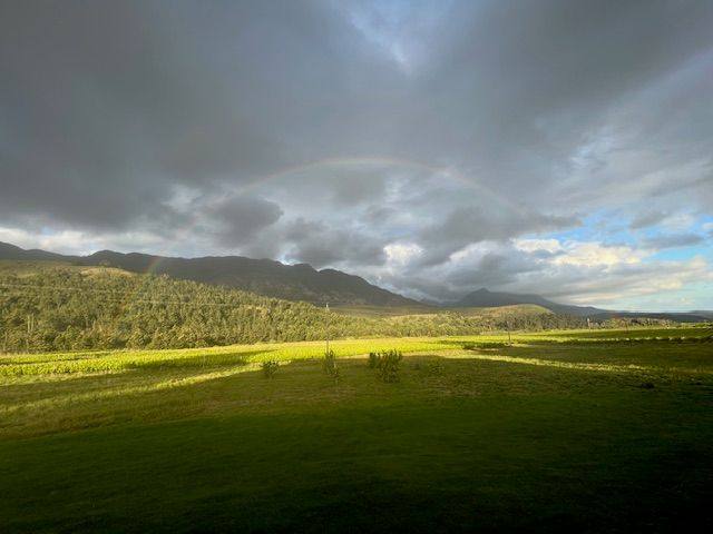 Late light across the valley floor under heavy cloud, the Langeberg behind