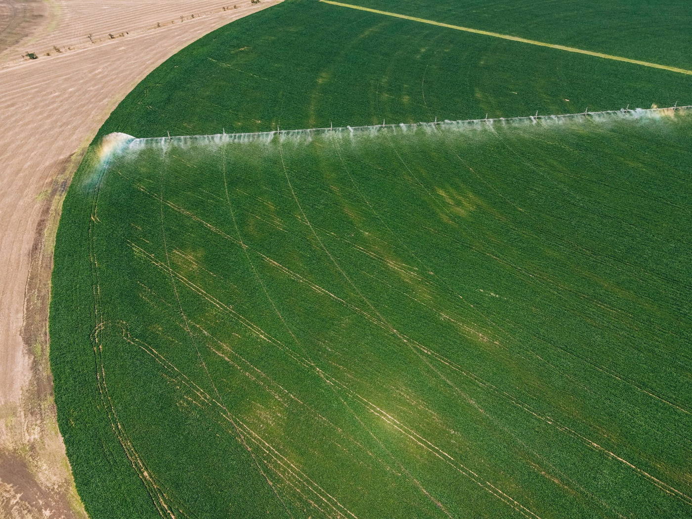 A centre pivot watering a green circle of crop from the air, dry ground beyond the reach of its water