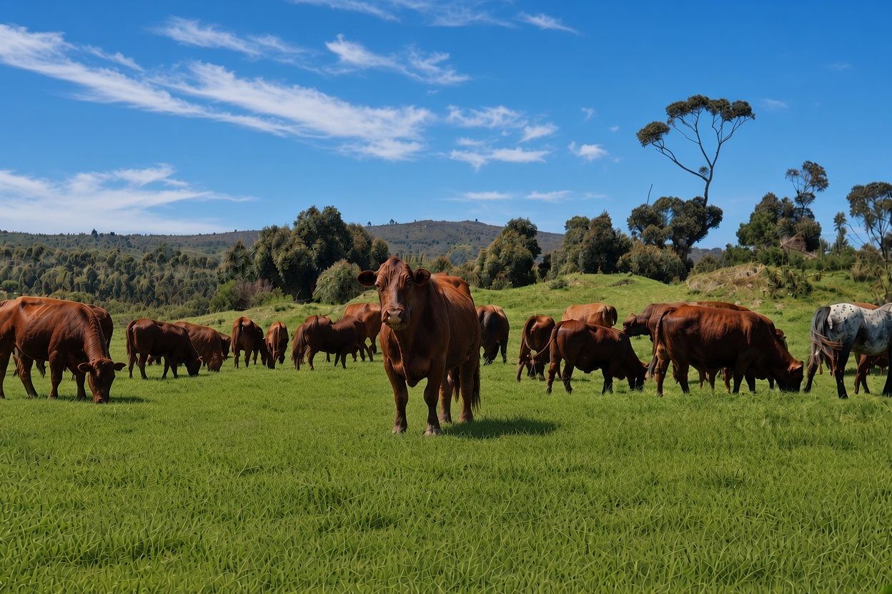 Red-brown cattle grazing on green grass, one cow facing the camera, with trees behind