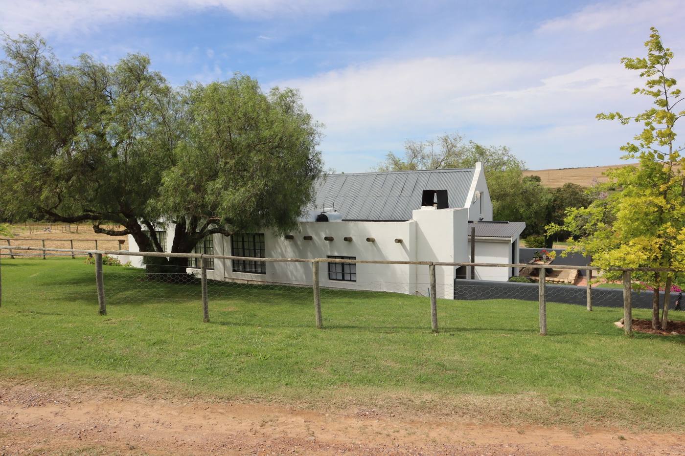The main house seen across the paddock, behind a post-and-rail fence and an olive tree