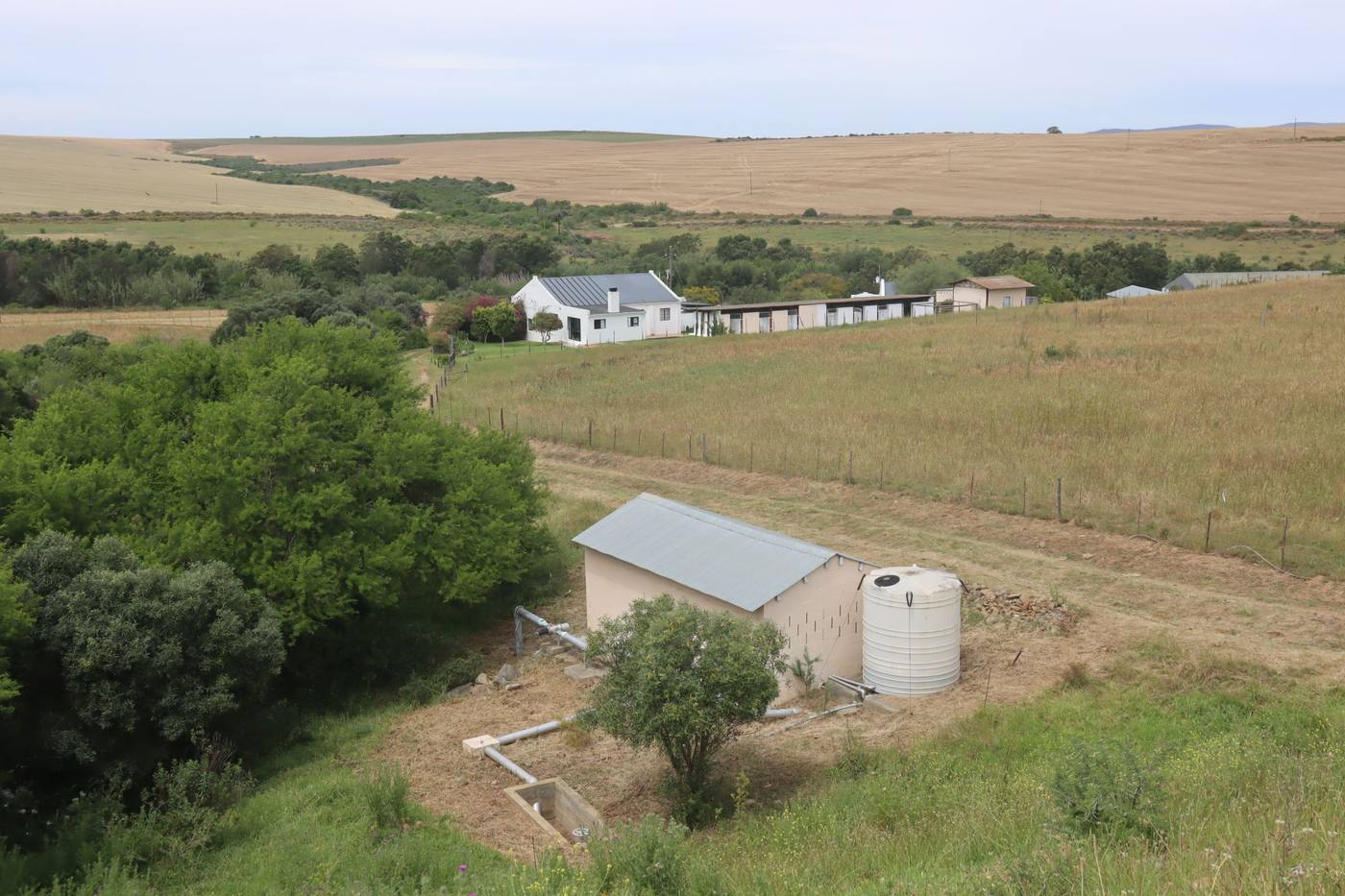 A pump house and tank below the slope, with the houses and the werf beyond